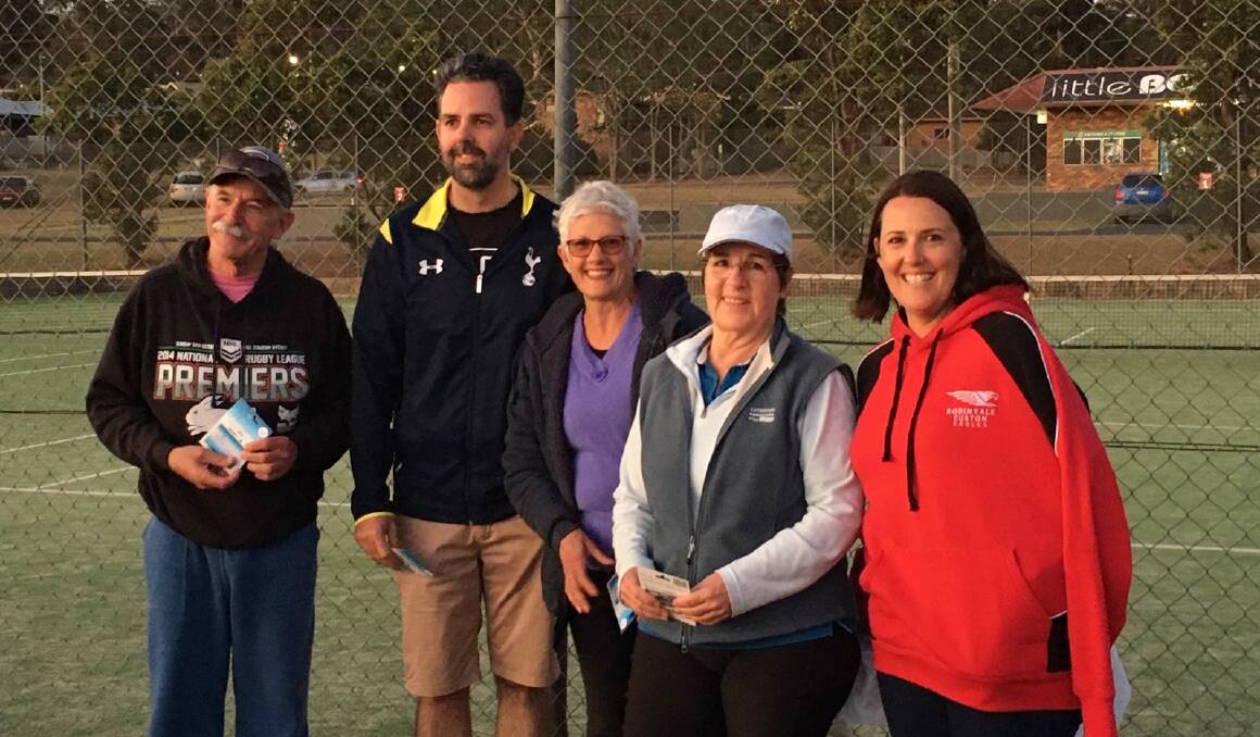Pambula Monday tennis A grade winners after their finals clash are Bob Arthur, Greg wells, Denise Wallace, Gen Ryan and Catherine Kennedy. 
