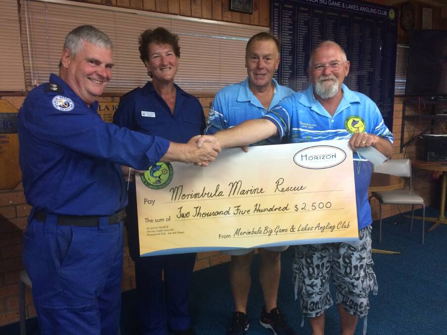 Boost: Marine Rescue's Bill Blakeman and Sonia Teston accept a $2500 cheque from Tim McConnachie and Lindon Thompson of MBGALAC.