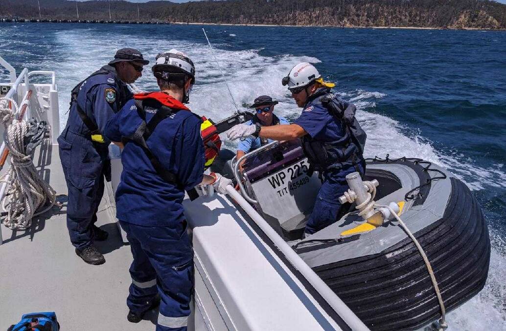 Rescue at sea: Eden Water Police work with NSW Ambulance Officers to coordinate marine medivac during a recent training event. Picture: Eden Water Police. 
