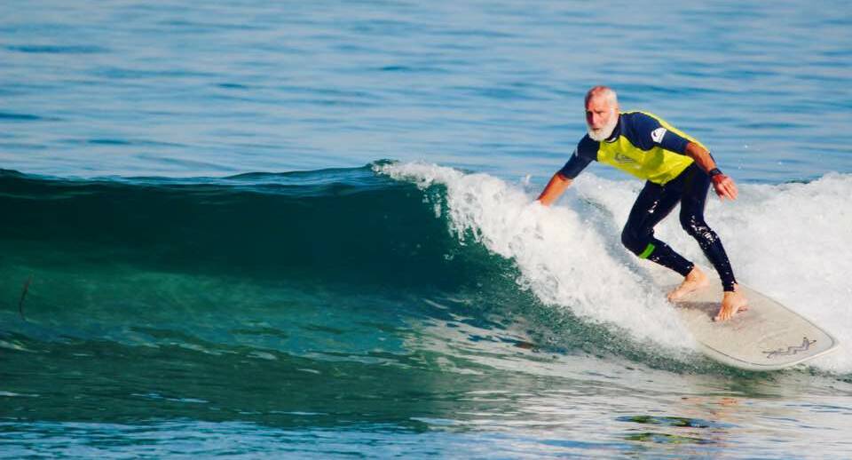 Longboard: David Prowse in action during the finals of the 2017 Malibu Classic at Merimbula's Main Beach. Picture: John Chapman. 