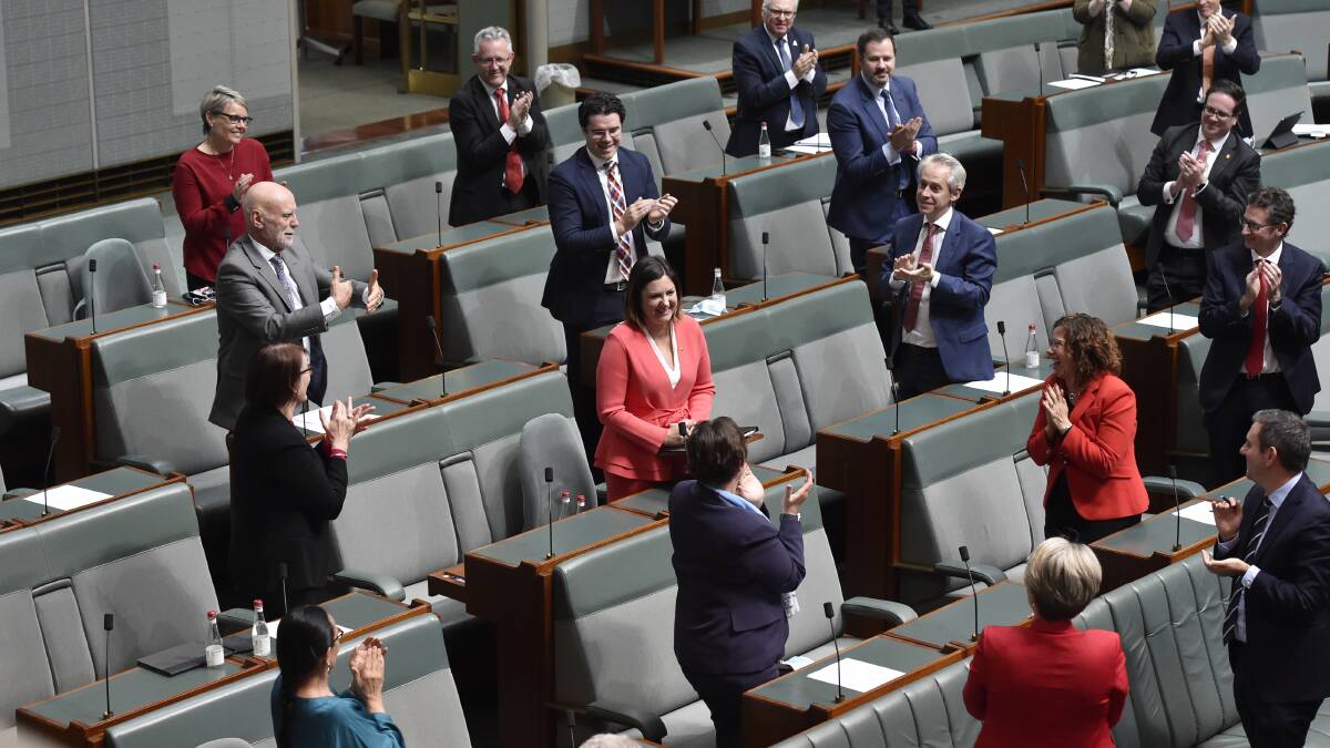 Eden-Monaro MP Kristy McBain is congratulated by her Labor colleagues on Monday. Photo: David Foote