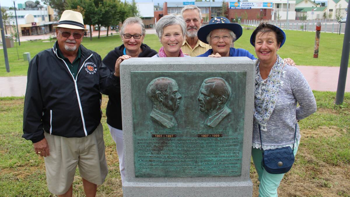SISTERS: Taking time to pose with the freshly unveiled sister city plaque in Bega's Littleton Gardens is Dwight Smith, Margaret Taylor, Leonie Blomfield, Charlie Blomfield, Elfi Smith and Trish Warby.