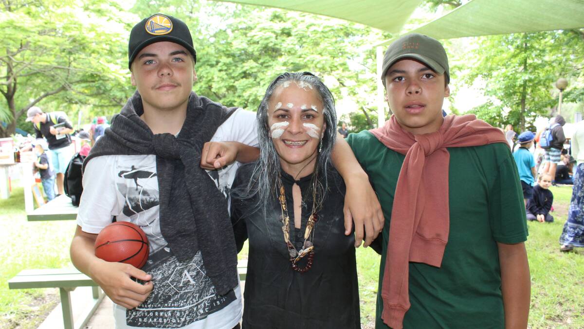 CULTURE: Francis Clulow, Aunty Meaghan Holt and Buddy Bamblett at the Bega TAFE campus on Thursday. Picture: Alasdair McDonald
