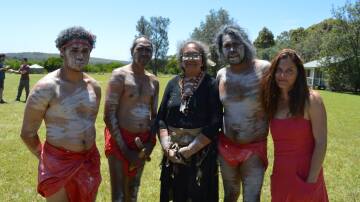 Writer and director of Mother Mountain movie Celina Stang, right, aunty Vivienne Mason centre with dancers Nicholas Hoskins, Warren Foster and Warren Foster junior at the smoking ceremony prior to the start of filming.