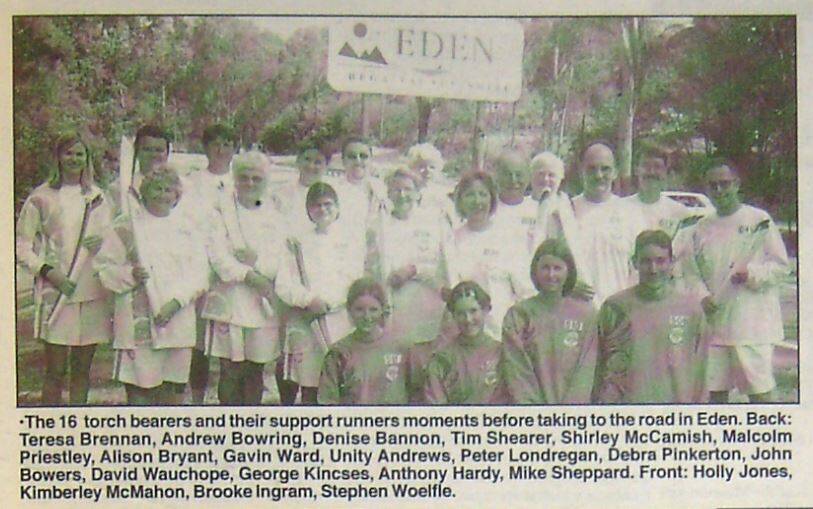 The 16 local torch bearers on the Eden leg of the 2000 Sydney Olympics. Photo: Magnet Newspaper Collection, Eden Killer Whale Museum