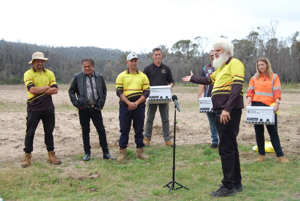 On-ground workers, EALC, Twofold Aboriginal Corporation and R and C Civil Construction listening to EALC CEO Mark Bateman make a speech. Photo: Leah Szanto