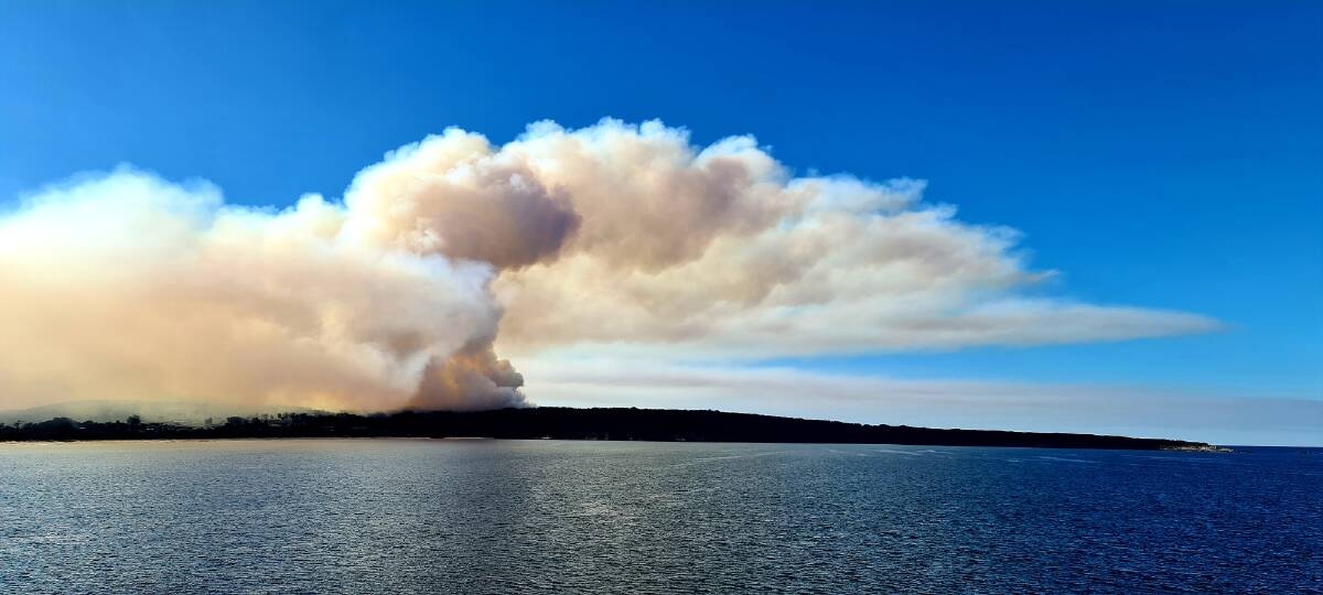 The hazard reduction burn today at North Head, taken from the lookout. Photo: Joanne Korner.