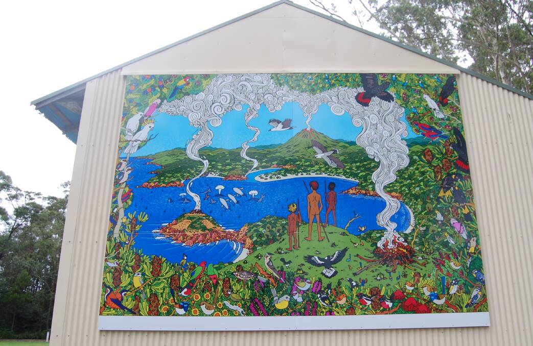 The colourful work of renowned local artist Stan Squire's adorns the Scout Hall wall at the northern entry point to Eden on the Princes Highway. Photo: Leah Szanto