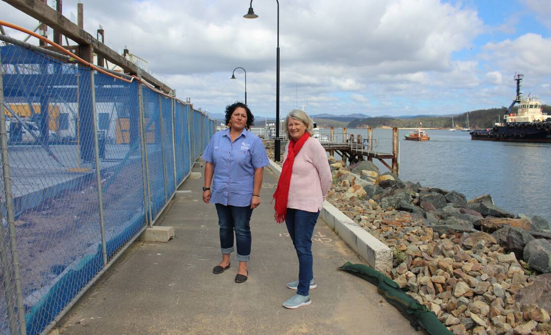 Eden Visitor Information Centre manager Claire Mudaliar and Gail Ward of the Eden Tourism Inc board outside the Snug Cove Welcome Centre development.