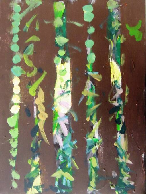 This painting by Jere, aged 7, belongs to the 'Stringybark and Box' series. It depicts different epicormic shoots appearing on burnt tree trunks along the road between Towamba and Eden.