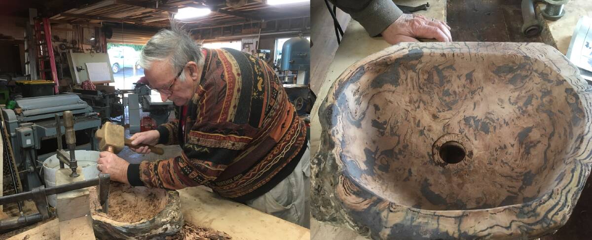 A tree burl gifted to Annette by Cedric Cox was then hand chiselled by Robert Whiter to create a hand basin for her new home. Photo: supplied
