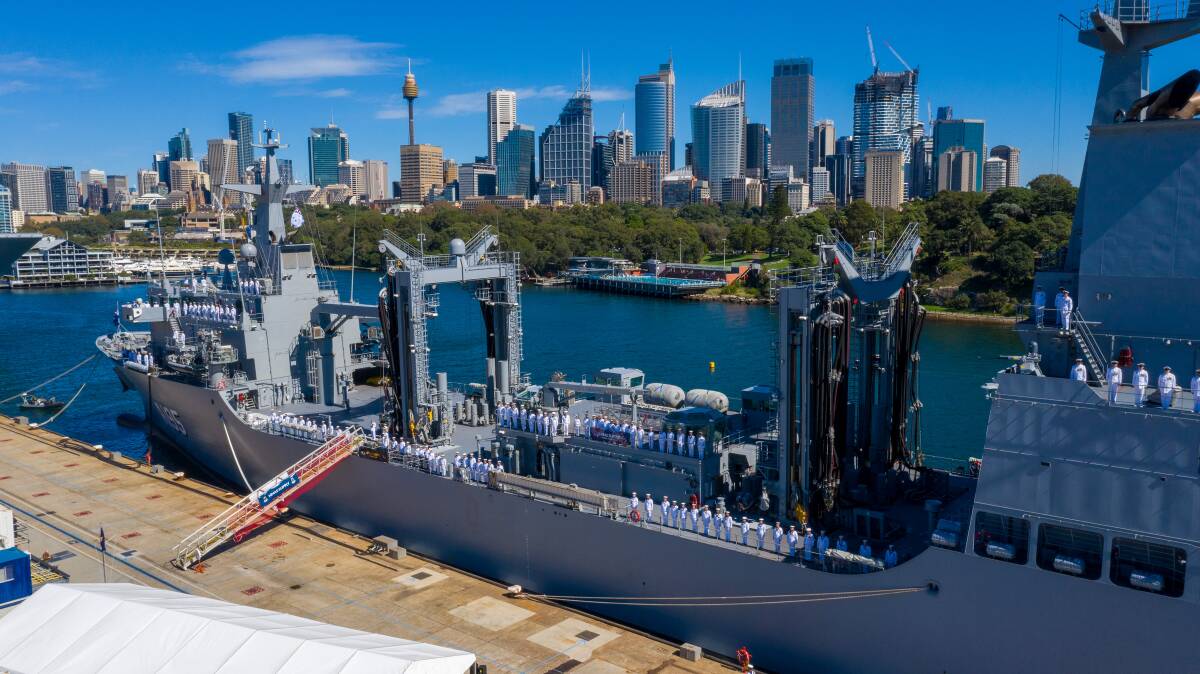 An aerial view of HMAS Supply's commissioning ceremony at Fleet Base East in Sydney, New South Wales. Photo: Defence.
