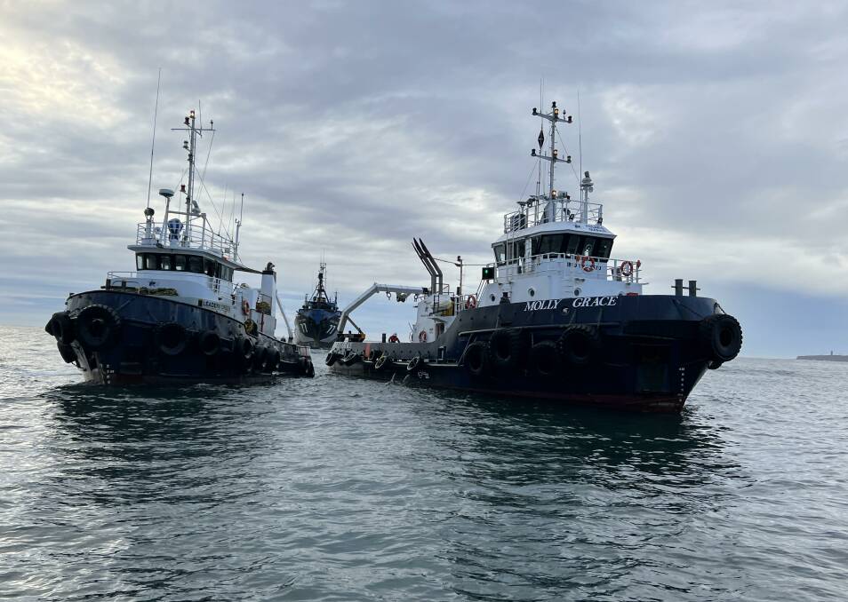 BABYSITTING: Molly Grace passing the Steve Irwin over to smaller tug Leaders Creek in Eden, while Molly Grace headed to the middle wharf to lift Janet 1 up to the surface. Photo supplied