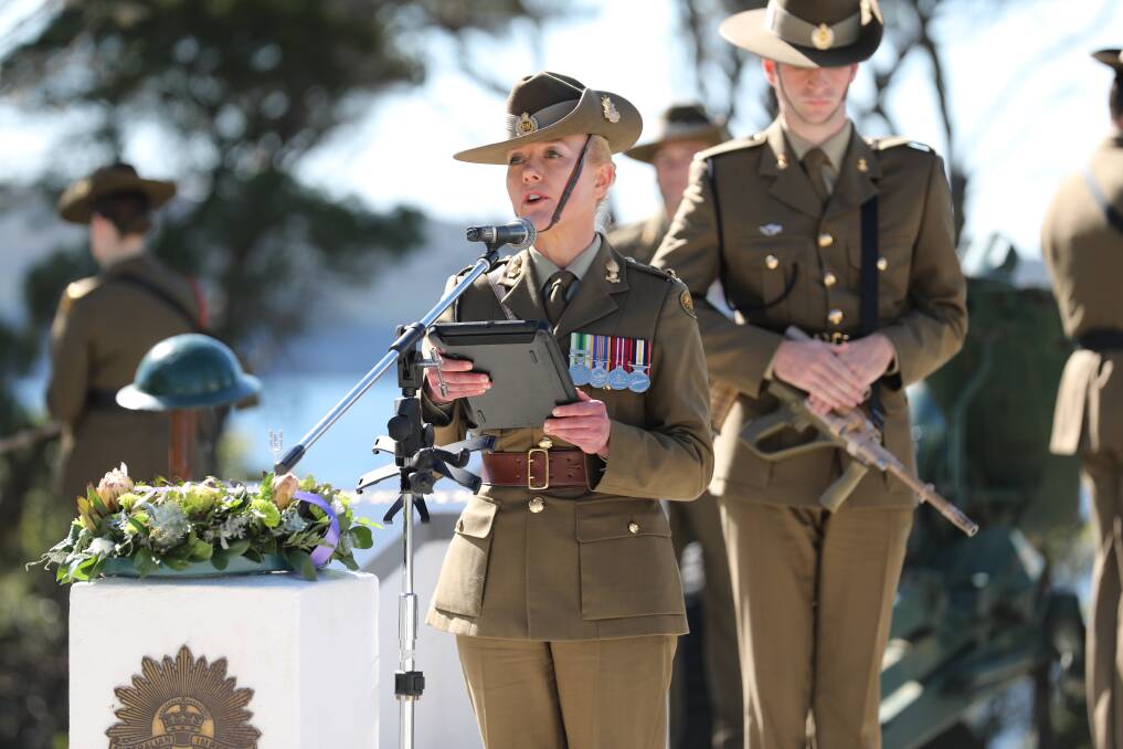 Lieutenant Colonel Renee Kidson speaking at the Anzac Day 2021 service at the Eden cenotaph. Photo: Captain Martin Hadley
