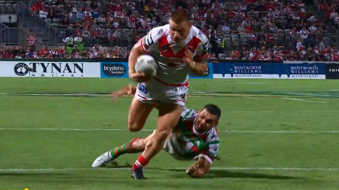 Off and gone: Euan Aitken scores against Greg Inglis last year. Picture:  NRL.com/Channel Nine