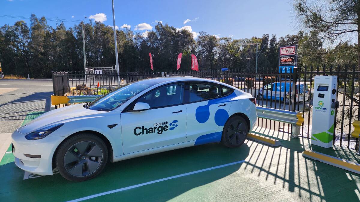 One of SolarHub's fleet of Tesla electric vehicles at the new site's charging station. Picture supplied.
