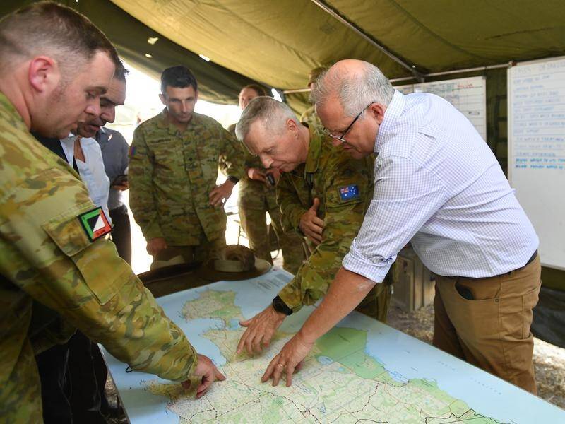 Scott Morrison visits the Defence Staging Ground on Kangaroo Island during the summer bushfires.