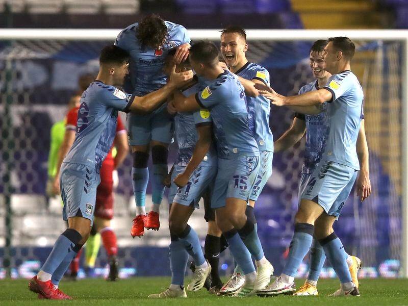 Coventry celebrate Sam McCallum's third goal that ended Reading's unbeaten run in the Championship.