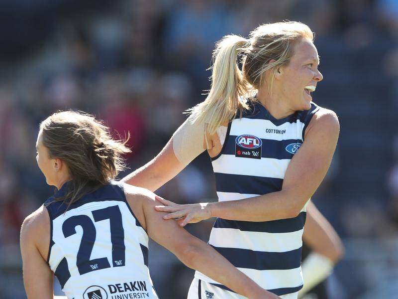 Phoebe McWilliams (right) was prominent as Geelong beat Carlton in the AFLW.