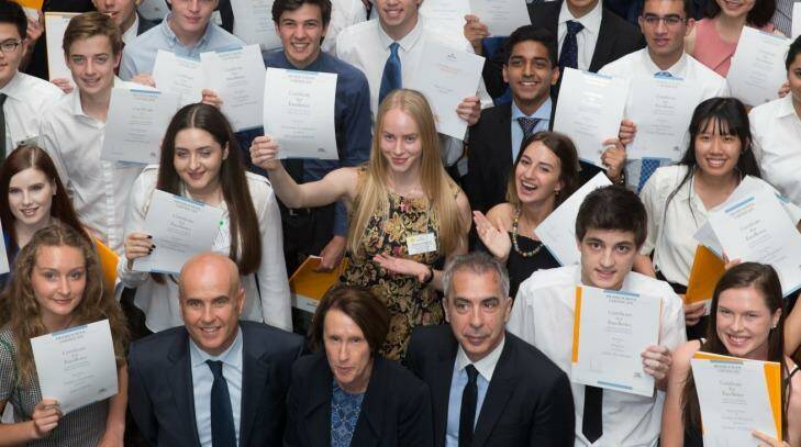 HSC students who topped a subject this year with education minister Adrian Piccoli.  Photo: Edwina Pickles