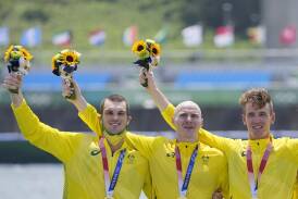 Alex Purnell, Spencer Turrin and Jack Hargreaves (l-r) will be in the men's eight crew in Paris. (AP PHOTO)