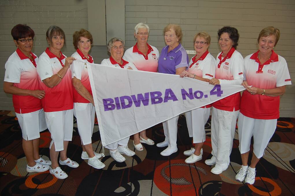 Eden’s victorious grade four Pennant team of (from left) Dianna Skipworth, Robyn Symonds, Peg Davey, Pauline Lucas, Jan Key, district president Beryl McGrath-Smith, Jan Blaxter, Maree Hendry and Win Cameron at the pennant presentation on Tuesday morning.