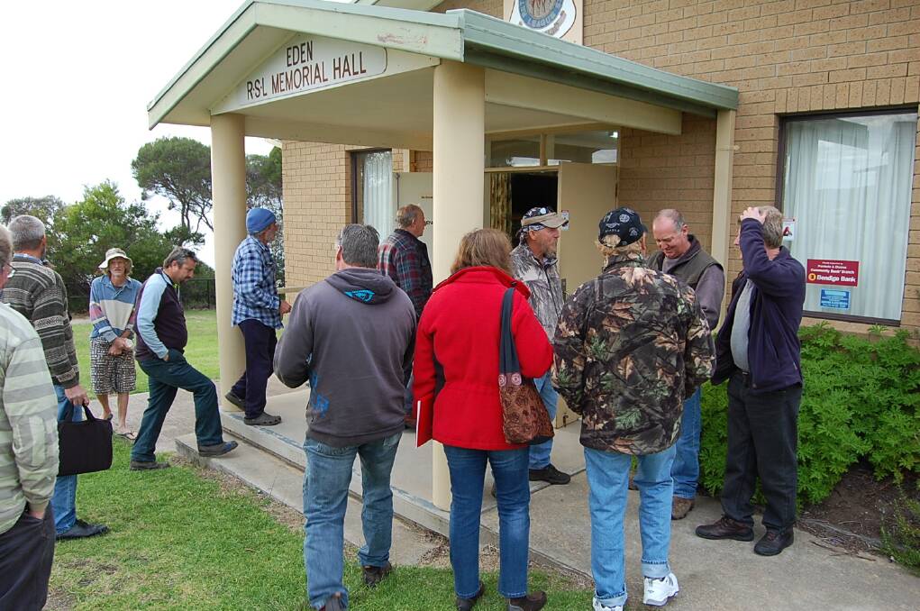Local commercial fishers arrive at the Eden RSL Hall for Thursday morning's meeting with Department of Primary Industries (DPI) officials.
