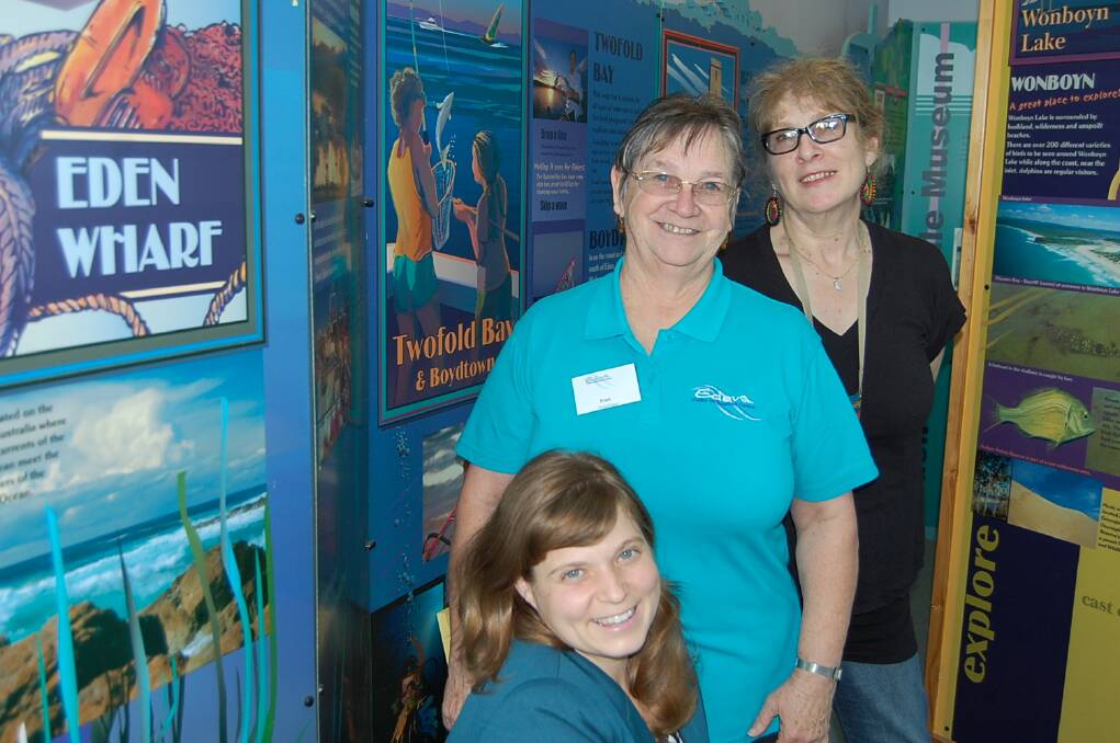 Eden Visitor Information Centre manager Shannon Woloshyn (left) is among those saluting the work of local volunteers, including Fran Crispin (centre) and Jennifer Shuwalow.