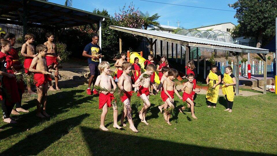 The Eden Public School Koori Dance Group perform at the Eden preschool during National Families Week celebrations. Image: Eden Public School.