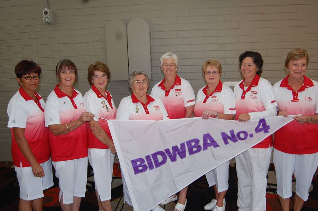 Eden Women’s Bowling Club claimed their third straight grade four Pennant title , thanks to the efforts of (from left) Dianna Skipworth, Robyn Symonds, Peg Davey, Pauline Lucas, Jan Key, district president Beryl McGrath-Smith, Jan Blaxter, Maree Hendry and Win Cameron at the pennant presentation on Tuesday morning.