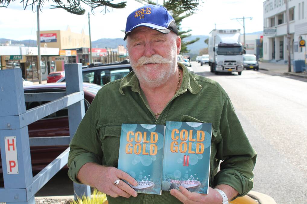 Eden abalone diver turned author Dennis McTaggart with his two books, Cold Gold I and II.