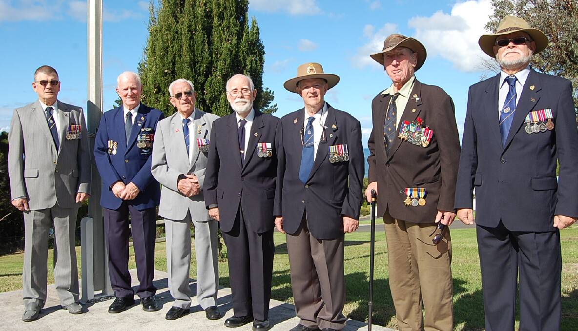 Eden ex-servicemen including (from left) Allen Greening, Nev Cowgill, Trevor Wood, Peter Rice, Barrie Beck, Artie Edwards and Steve Mahoney are preparing to commemorate the 99th anniversary of the Gallipoli landing on ANZAC Day.