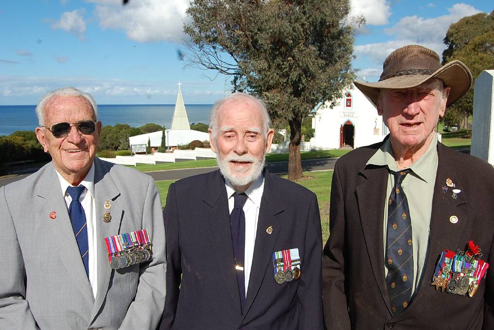 Eden ex-servicemen (from left) Trevor Wood, Peter Rice and Artie Edwards wear their medals with pride ahead of ANZAC Day 2014.