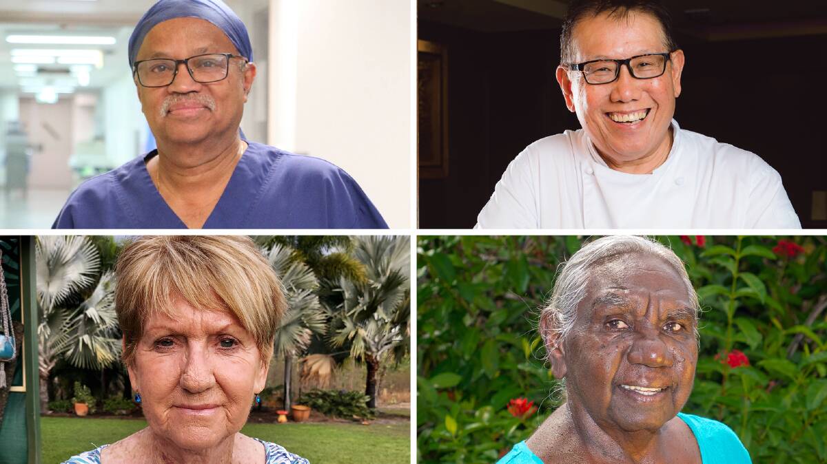 NT 2021 Senior Australian of the Year nominees: clockwise from top left, Dr Ollapallil Jacob, Jimmy Shu, Dr Miriam-Rose Ungunmerr Baumann and Beverley Shuker. 