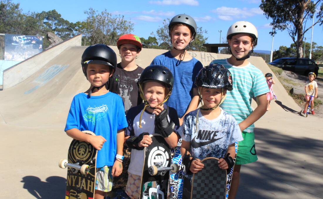 Billy Hughes, Xavier Lehoczky, Axl Arens, Jamie McDonald and Archer and Flynn Whitby at the skate 'awesomeness' session at Pambula. 