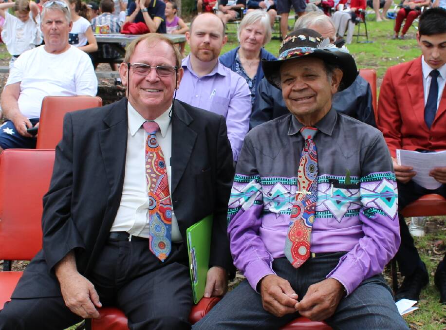 Recognising the past: Bega Valley Shire Mayor Michael Britten and Pastor Ossie Cruse both spoke at the Australia Day ceremony in Merimbula. Picture: Denise Dion