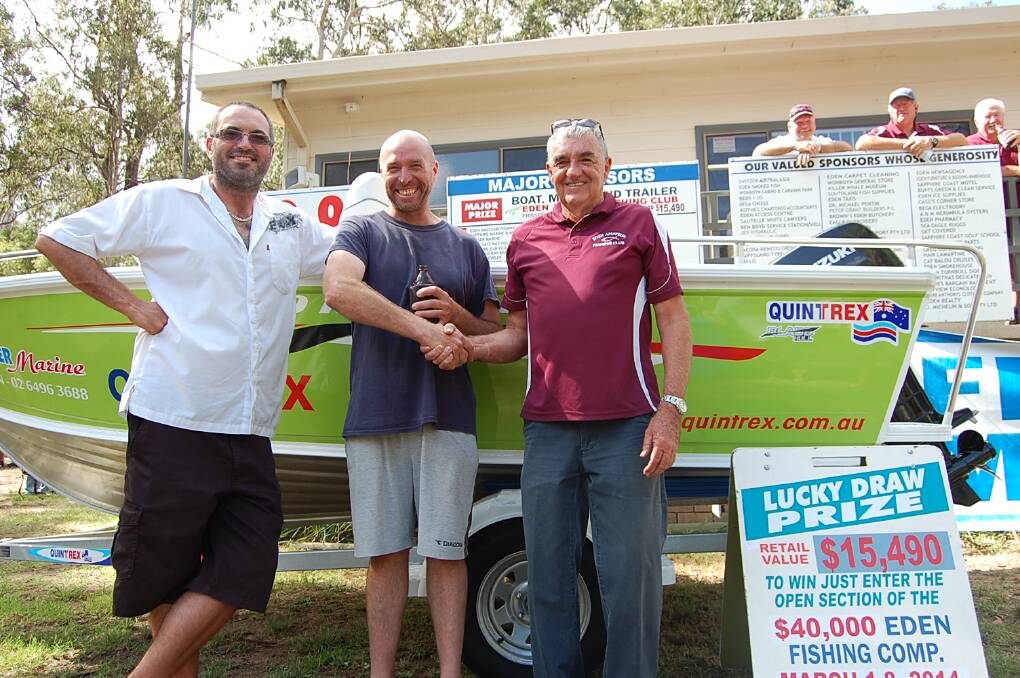 Melbourne visitor Mick Loebert was the winner of this year's Eden Amateur Fishing Club competition lucky prize draw!  Mick (centre) takes home this stunning Quintrex boat thanks to Fraser Marine manager Mark Stav (left), and fishing club president Bob Wilcox.