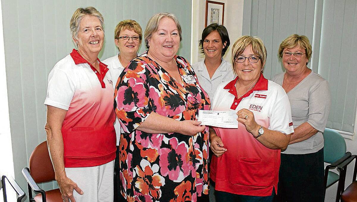 • At the cheque presentation on Tuesday are (back, from left) Bega Oncology Unit members Robyn Simes, Melissa Mudie, Fran Elliott, (front) Eden Women’s Bowling Club member Leah McKinnon, Bega Valley Health Service nurse manager Maria Wilson and EWBC president Annie Strickland.