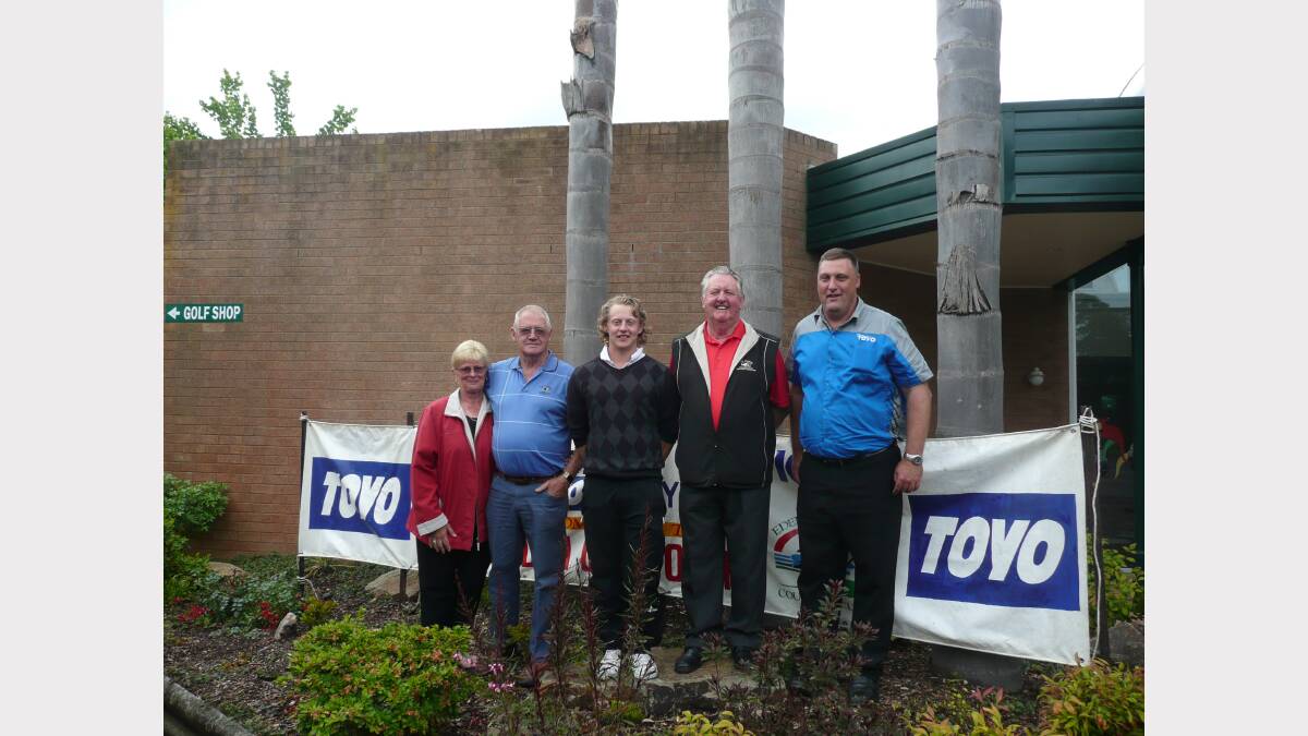 Pam and Neville Taylor of Gippsland Tyres, left, 2012 Eden Open champion Andrew Collins, Eden Golf Club men’s president John Fletcher and Toyo Tyres sales and operations manager Greg Yates.