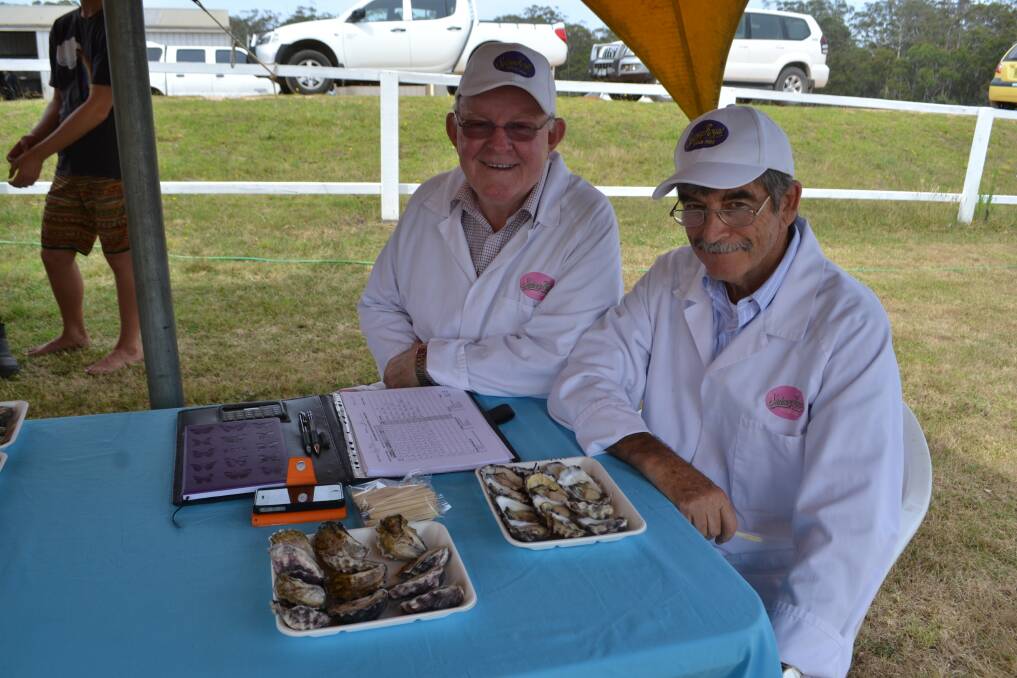 Sydney Royal Agricultural Society oyster judges Gerry Anderson and Roy Mills are ready for judging at Saturday’s Pambula Show.