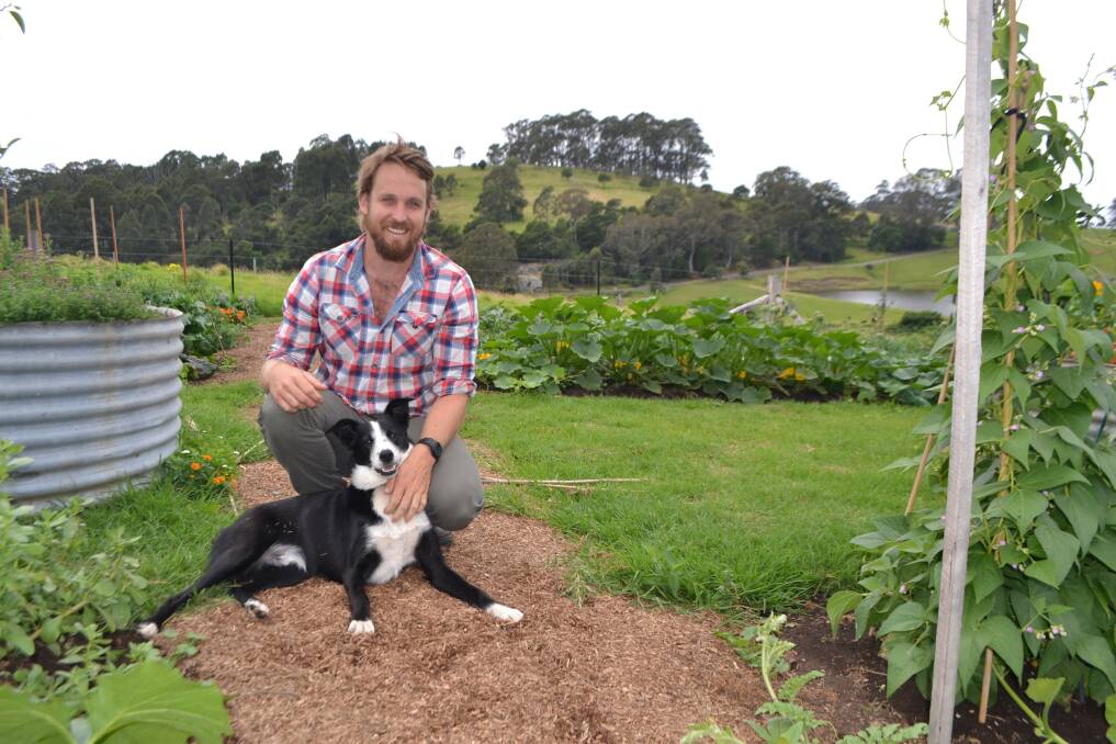 VEGGIE PATCH: River Cottage Australia host Paul West and Digger dog in the veggie patch on the farm at Central Tilba that soaked up the drop of rain last week. Production on Series 2 has just begun.