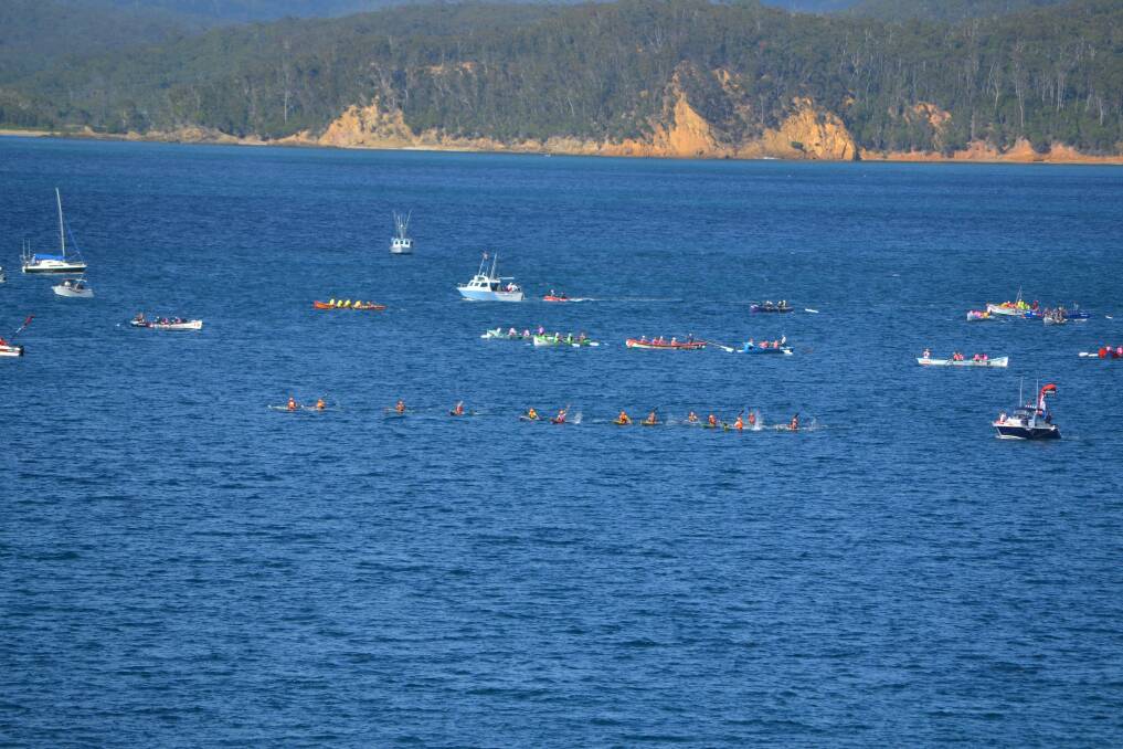 The final leg of the George Bass Surf Boat Marathon starts. Entrants exit Twofold Bay, Eden and head north to Pambula Beach.